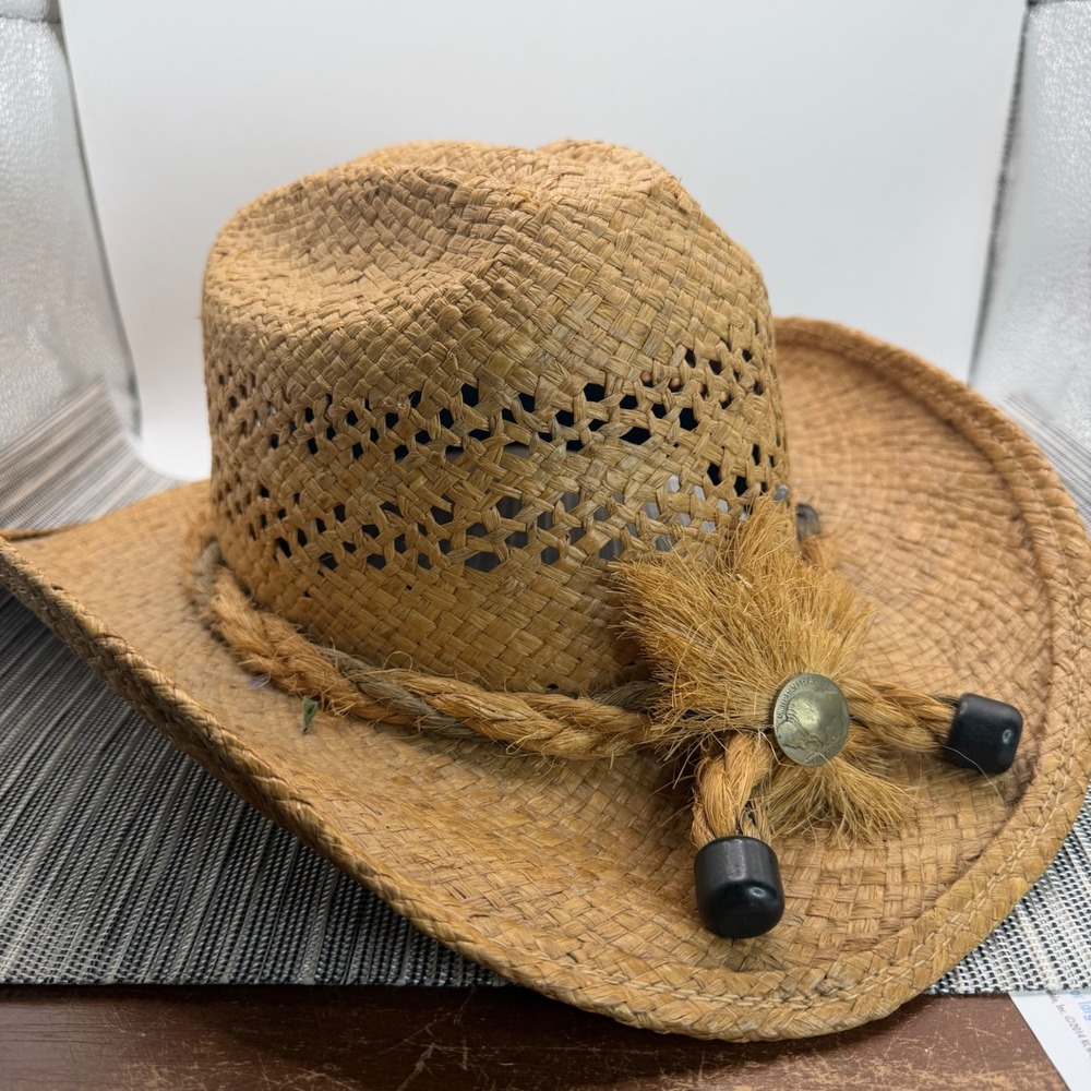 Shady Brady Straw Cowboy Hat Buffalo Nickel Medallion Braided Rope Band Tan 57cm